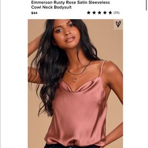 Lulus rose satin sleeveless cowl neck bodysuit